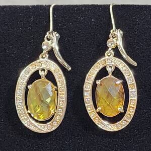 Oval Facet Citrine Colored Glass Suspended Drop Silver Tone Lever Back Earrings